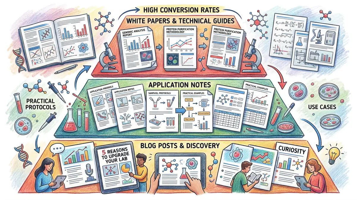 Life science content hierarchy showing whitepapers and technical guides with high conversion rates at top, application notes in middle, blog posts for discovery at bottom