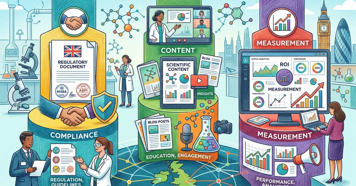 Life science marketing strategy overview showing the three pillars of compliance, content, and measurement for UK biotech and pharmaceutical companies