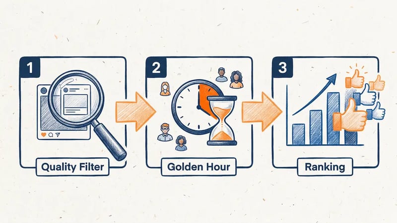 LinkedIn 2026 algorithm 3-step flow: quality filter, golden hour, ranking