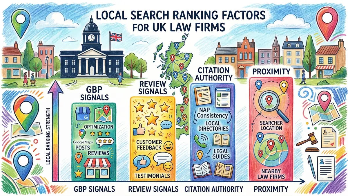 Local search ranking factors dashboard showing GBP signals, review signals, citation weights, and proximity factors for UK law firms