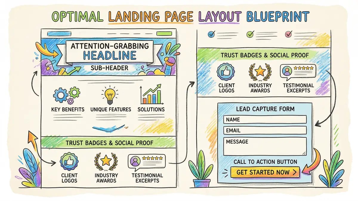 Complete landing page wireframe showing headline, form, social proof, and footer sections with optimal layout structure