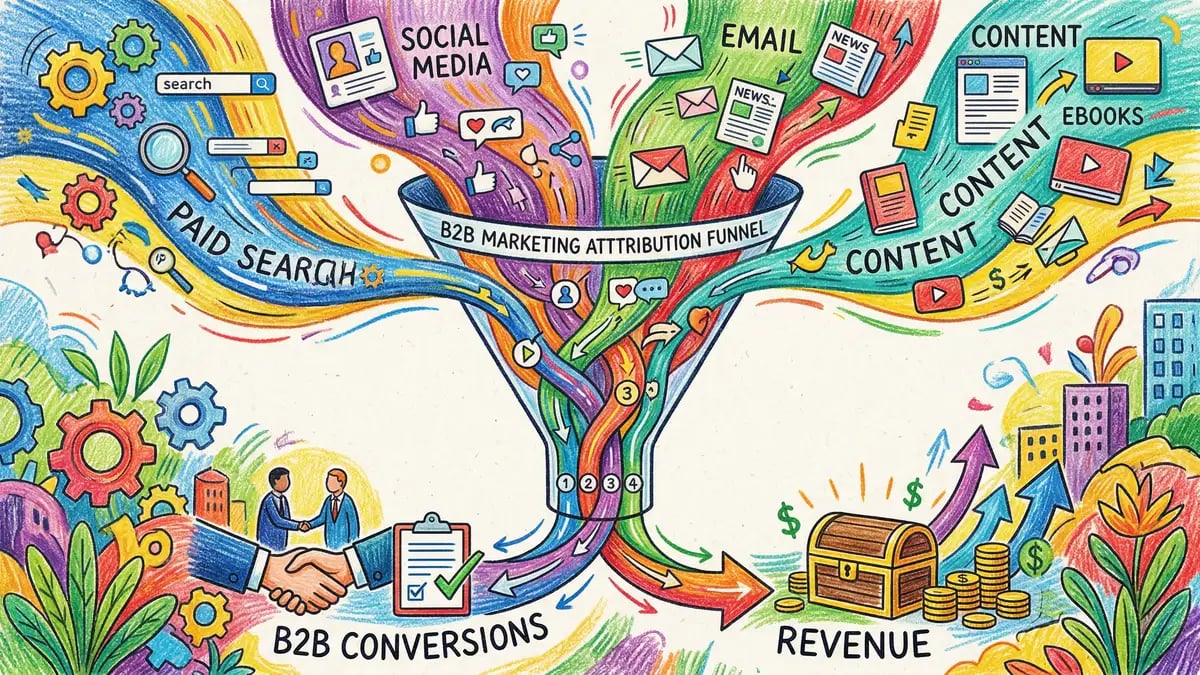 Marketing attribution funnel showing touchpoints across awareness, consideration, and conversion stages with credit distribution models overlaid