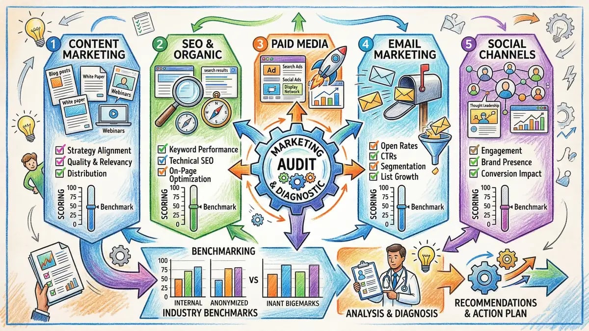 Marketing audit framework showing traffic source distribution, conversion rate benchmarks, and lead quality assessment metrics