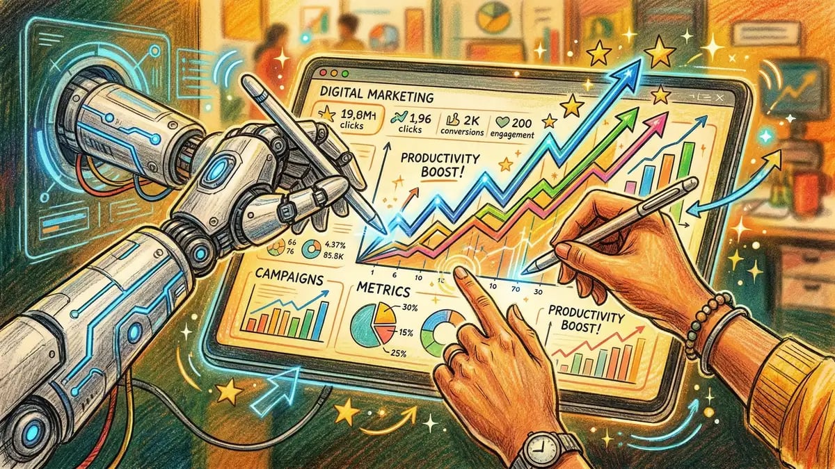 Pencil crayon illustration of AI and human collaboration over a marketing dashboard with upward-trending graphs and blue technology accents