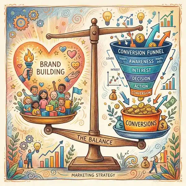 Pencil crayon illustration of a balance scale weighing brand building against performance marketing with warm blue and orange tones