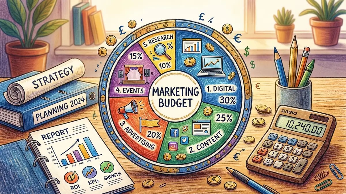 Pencil crayon illustration of marketing budget planning showing a pie chart divided into segments with coins, percentage symbols, and strategy documents