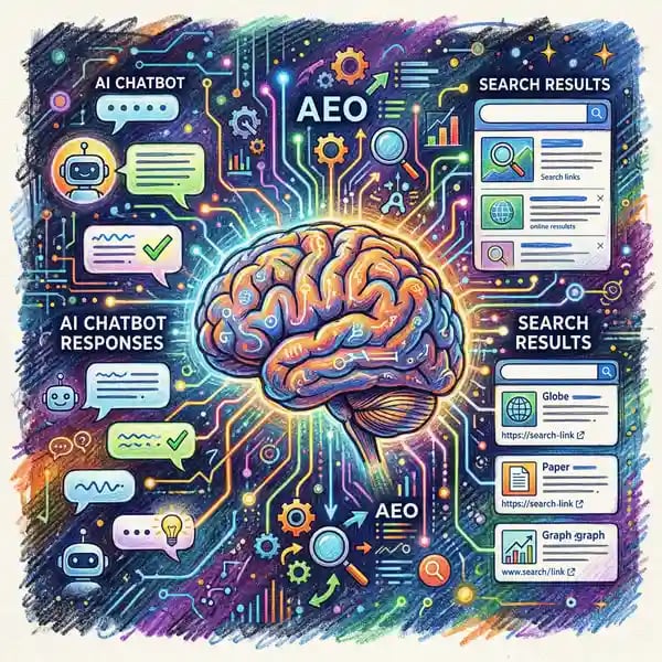 Brain with digital neural connections showing AI chatbot responses and answer engine optimisation