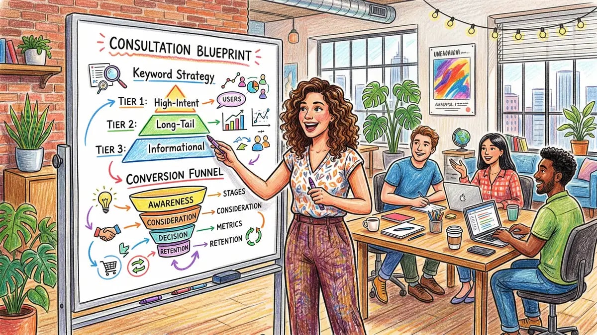 Marketing strategist presenting consultation blueprint with keyword tiers and conversion funnel on whiteboard