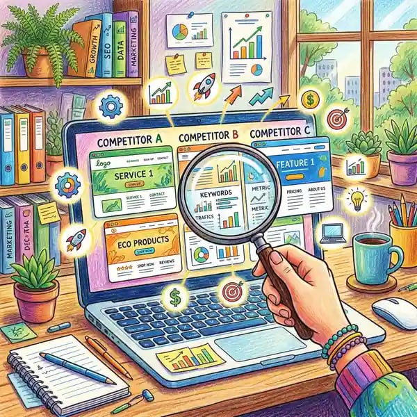 Magnifying glass examining competitor websites for competitive analysis in digital marketing