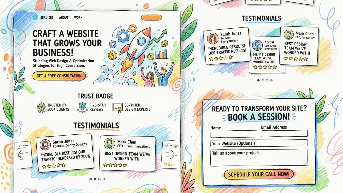 Landing page wireframe showing hero section, CTA button, trust badges, testimonials, and booking form