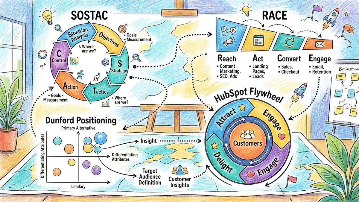 Six core marketing frameworks: SOSTAC, RACE, Dunford Positioning, How Brands Grow, STP, and Flywheel methodology aligned in a strategic system