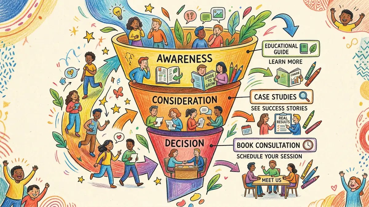 Marketing funnel showing different call-to-action messages at each buyer journey stage, from educational content at awareness through case studies at consideration to consultation booking at decision stage