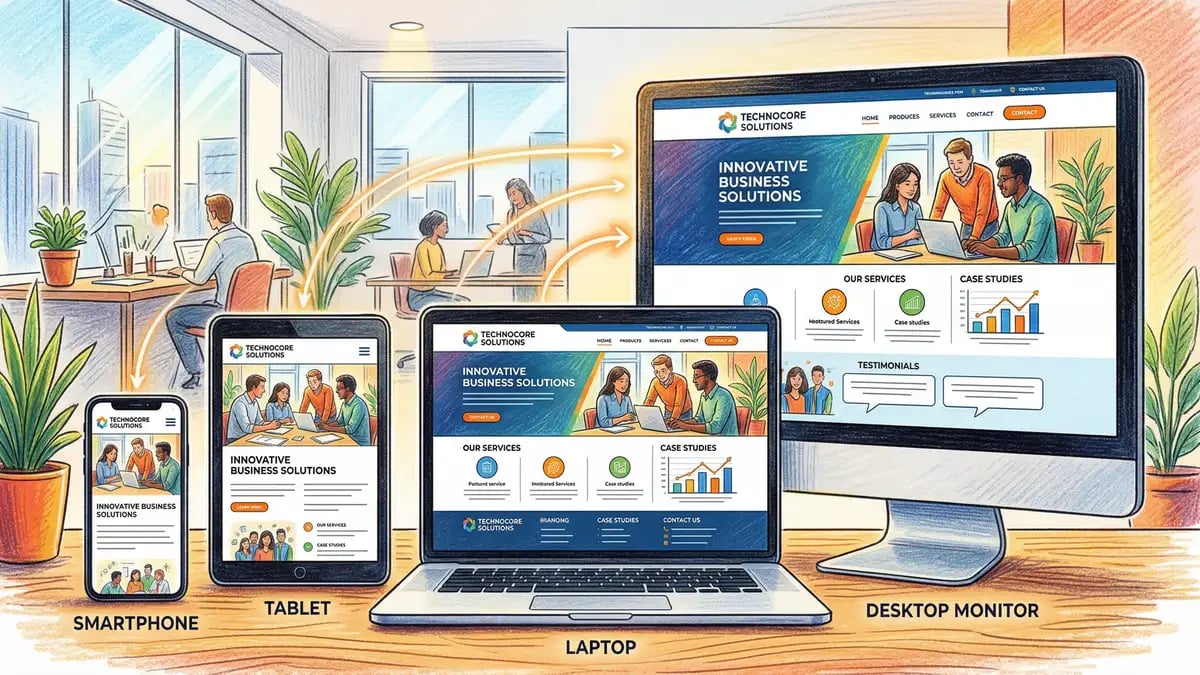 Mobile-first responsive web design showing a B2B website adapting across smartphone, tablet, laptop, and desktop