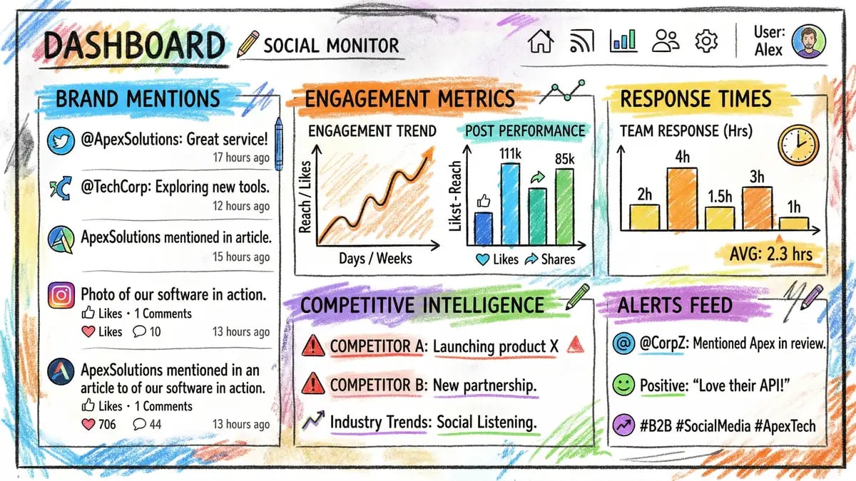 Real-time social media monitoring dashboard showing multi-platform engagement metrics and response tracking