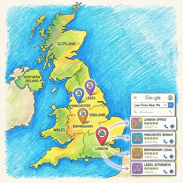 Multi-location law firm map showing office pins across UK cities with local search results and Google Maps listings