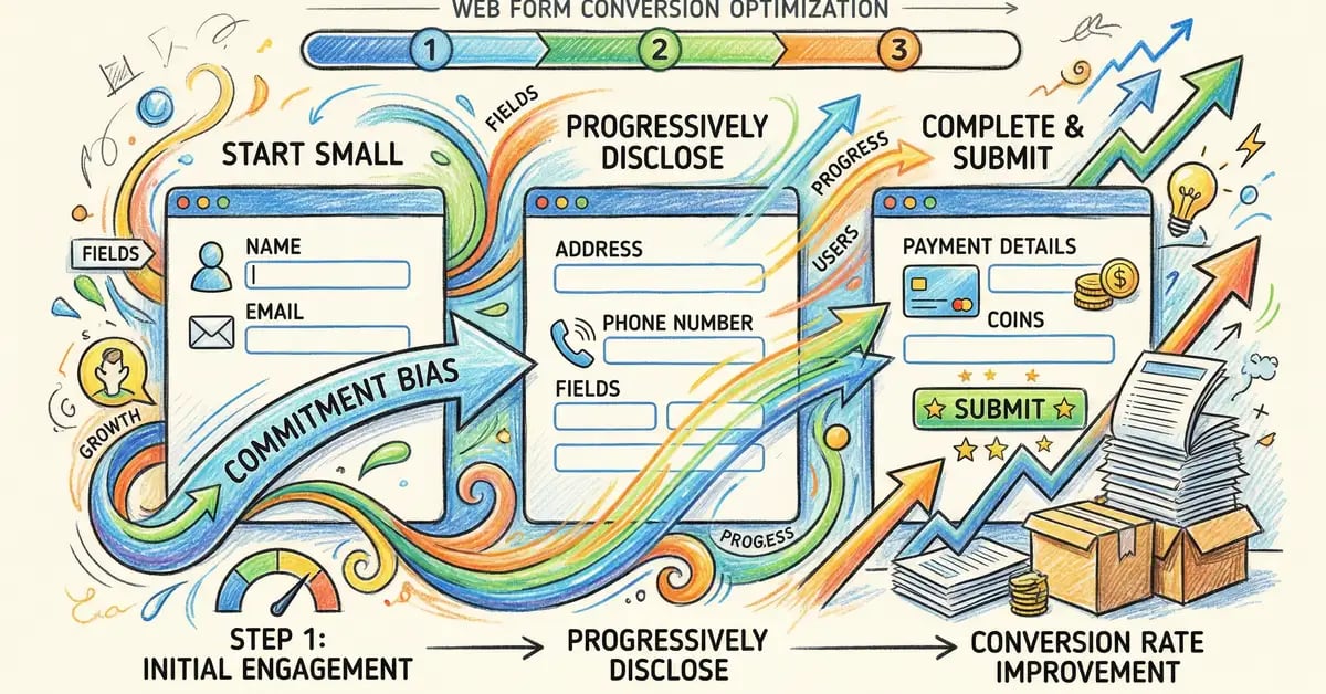 Multi-step form conversion optimization showing progressive field disclosure and conversion rate improvements