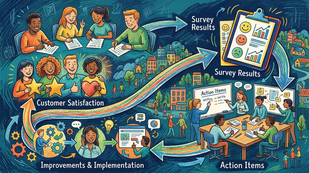 Circular diagram showing customer feedback loop: survey → analysis → action → follow-up → retention/growth