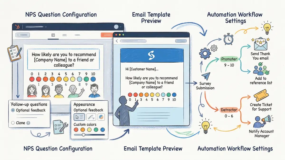 HubSpot Service Hub customer survey dashboard displaying NPS, CSAT, and CES survey templates with response analytics