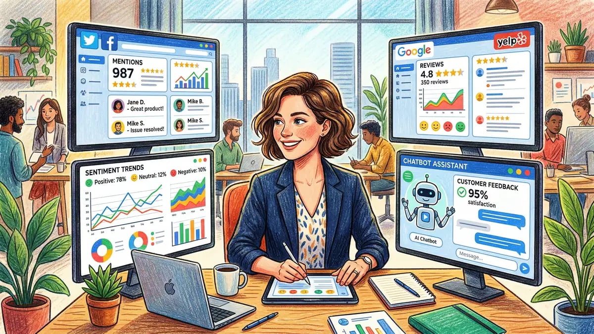 AI-powered monitoring dashboard showing brand reputation signals across multiple platforms including ChatGPT and Google