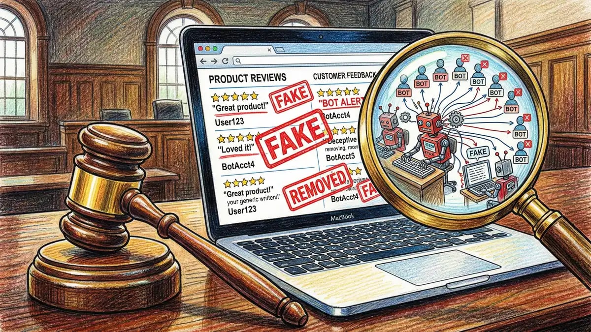 Visual showing the scale of fake review detection across major platforms with statistics on removal rates