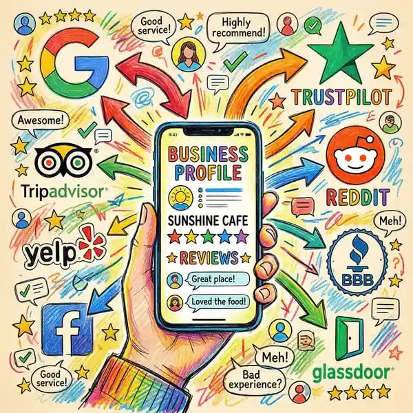 Illustration of multiple review platforms including Google, Trustpilot and Reddit showing brand ratings