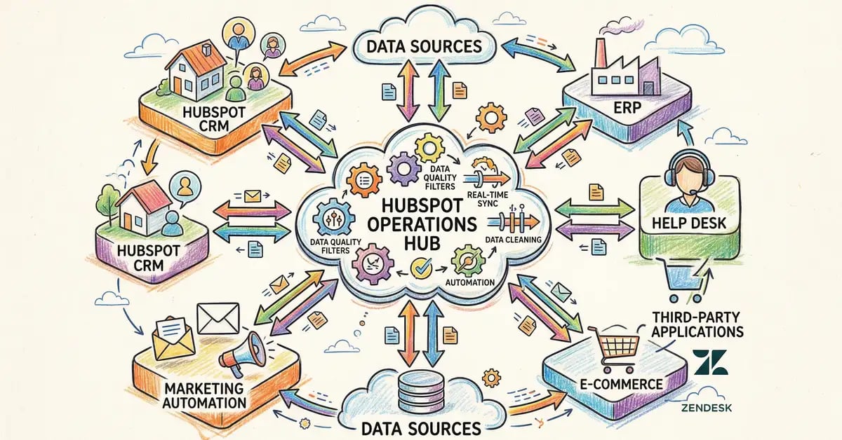 HubSpot Operations Hub data synchronisation architecture showing bidirectional flows between CRM and third-party applications