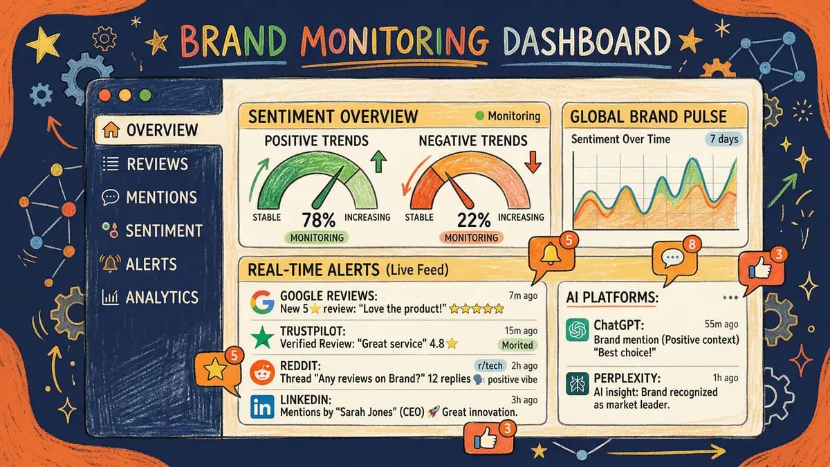 Online reputation monitoring dashboard showing review platforms, ratings, and response metrics