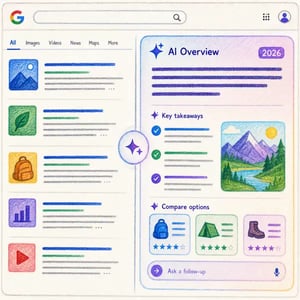 Split screen comparing traditional search results with AI-generated summary answer panel representing 2026 search landscape