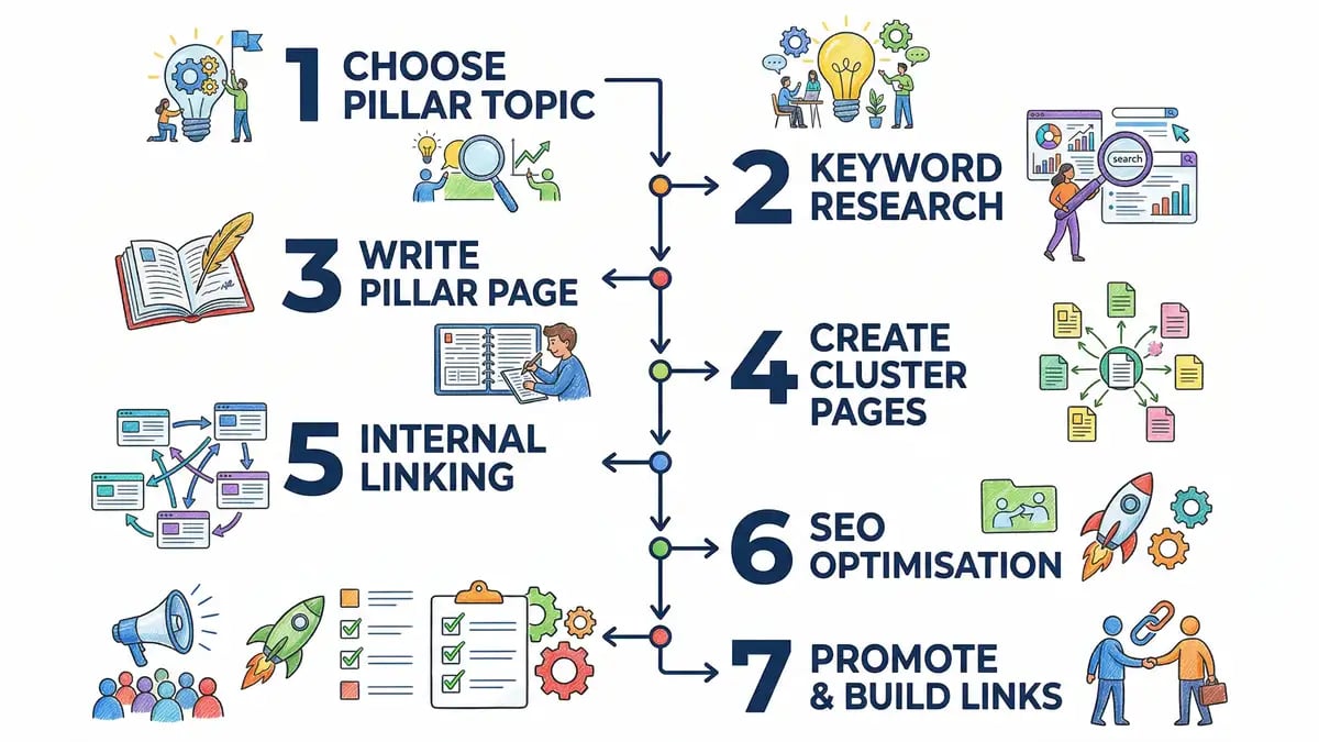 The 7 steps to building a pillar page: choose topic, keyword research, write pillar, create clusters, internal linking, SEO optimisation, promote and build links
