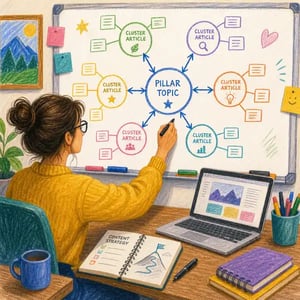 Person planning content strategy with topic cluster map showing pillar and cluster article connections
