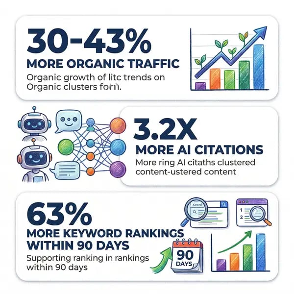 Key pillar page statistics: 30-43% more organic traffic, 3.2x more AI citations, 63% more keyword rankings in 90 days