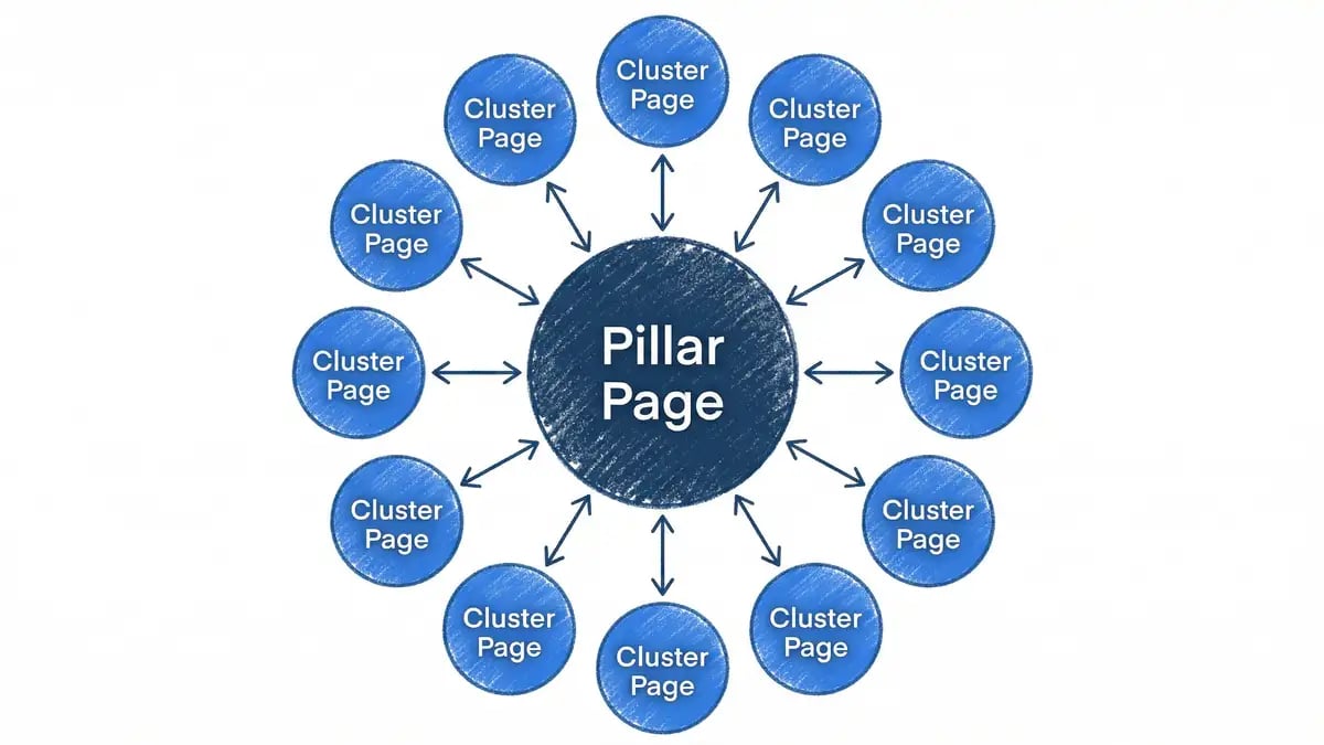 Diagram showing a pillar page at the centre of a topic cluster with bidirectional links to surrounding cluster pages