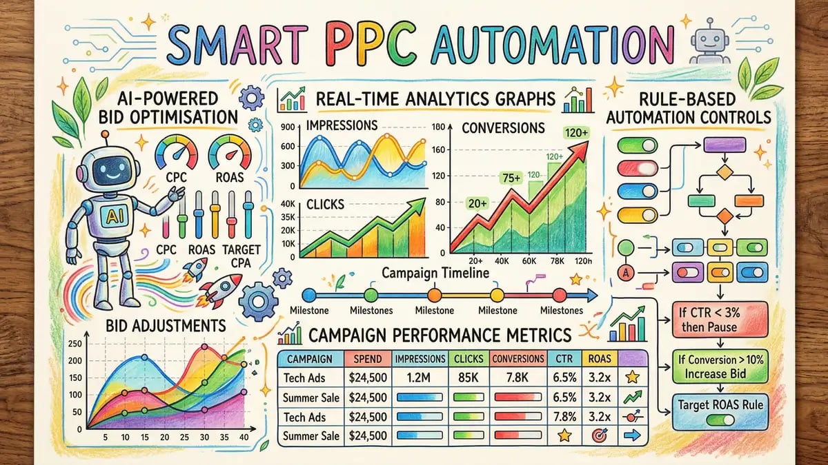PPC campaign dashboard showing automated bidding and performance metrics