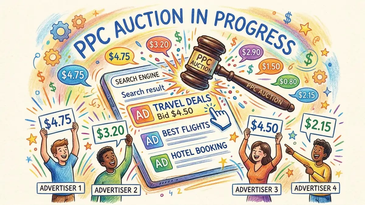 Pencil crayon illustration of a PPC auction process showing a digital gavel hitting search results with bid amounts and clicking cursor icons
