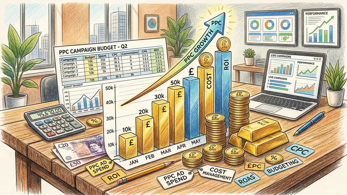 Pencil crayon illustration of PPC budgeting showing stacked coins beside a rising bar chart with pound sterling symbols and a calculator