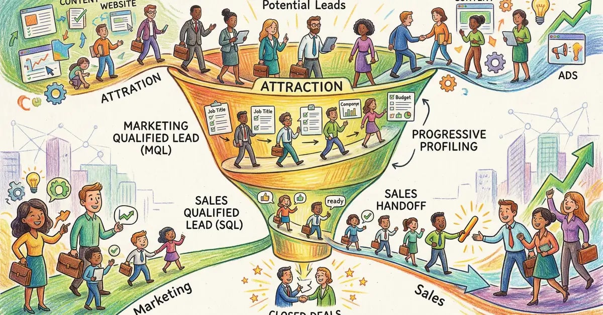 Mid-funnel marketing system showing lead enrichment, scoring, and segmentation workflows