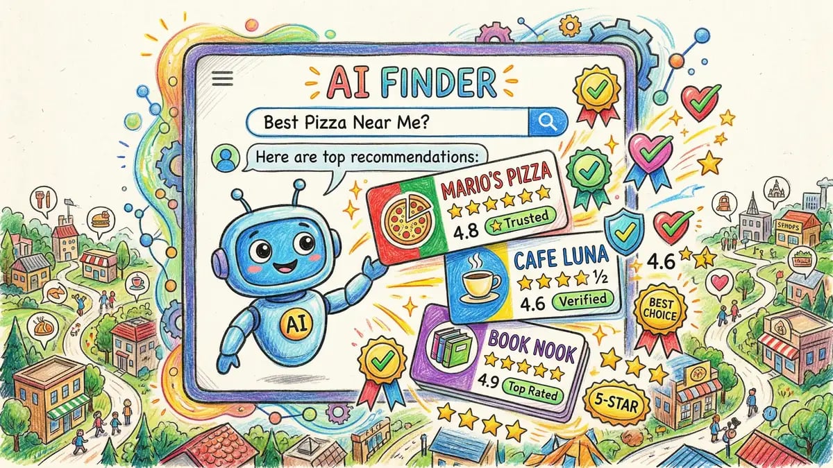 AI answer engines recommending businesses with trust badges and star ratings in chatbot interface