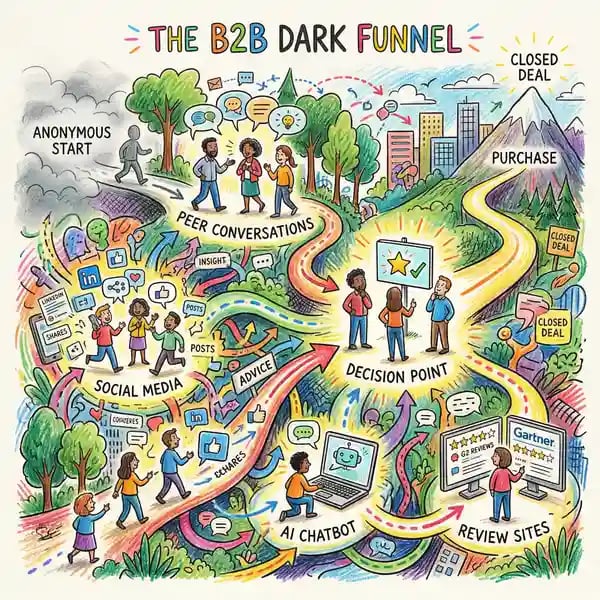 B2B dark funnel buyer journey with invisible touchpoints connecting to a purchase decision point