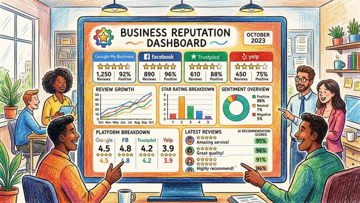 Business reputation dashboard showing star ratings, review counts, and AI recommendation scores across platforms