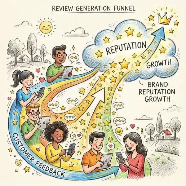 Review generation funnel showing customers leaving reviews on devices with stars flowing into reputation cloud