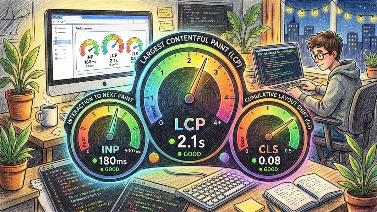 Pencil-crayon illustration of Core Web Vitals performance dashboard with colourful speedometer gauges showing LCP, INP, and CLS scores