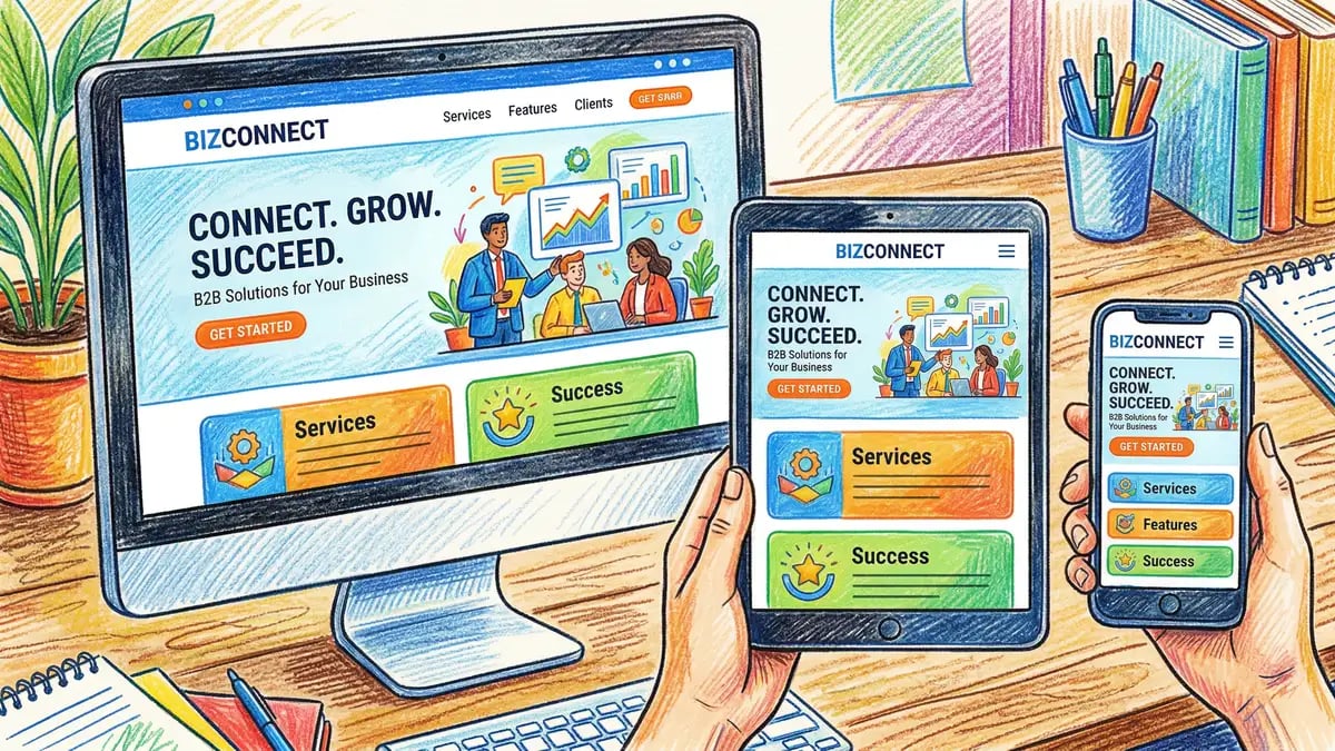 Pencil-crayon illustration of a responsive website adapting across desktop monitor, tablet, and smartphone showing fluid B2B layout