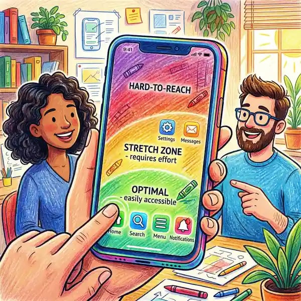 Pencil-crayon illustration of a mobile phone showing thumb-zone heat map with green accessible areas and red hard-to-reach zones