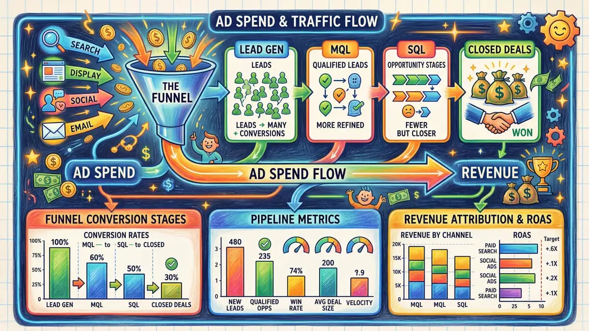HubSpot Ads ROAS dashboard showing ad spend against deals created and revenue attributed