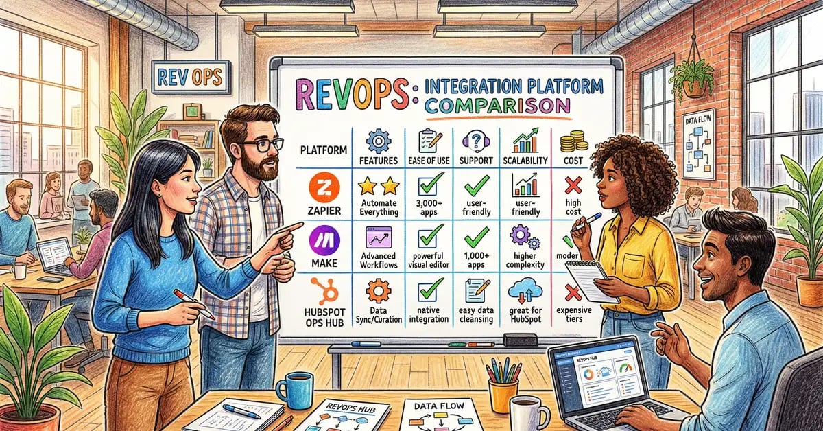 RevOps team evaluating integration platform options comparing Operations Hub, Zapier, and Make capabilities