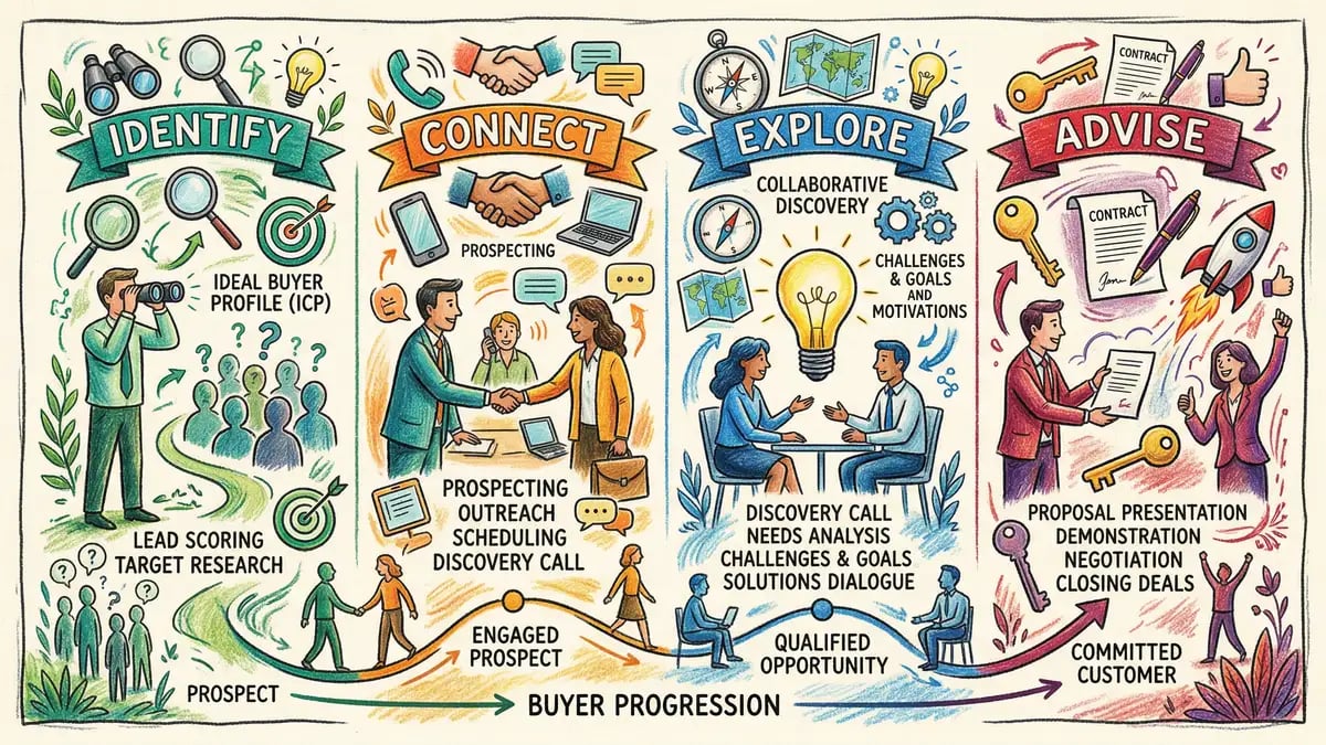 Sales framework diagram showing the four stages of inbound sales methodology and decision gates