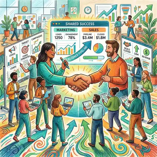 Sales and marketing alignment framework showing shared metrics, personas, and content strategy between teams