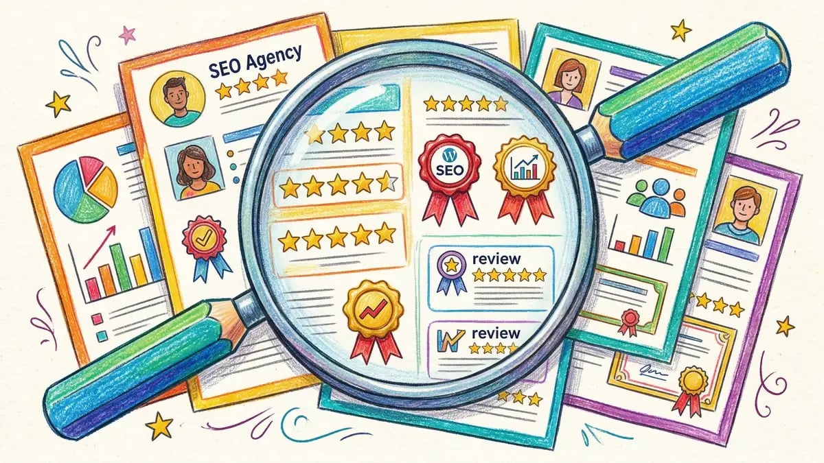 Illustration of a magnifying glass examining SEO agency credentials, certificates, and review ratings during the due diligence evaluation process