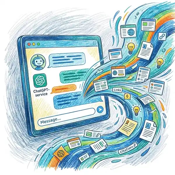 Pencil crayon illustration of AI chatbot interfaces with search results and citations flowing from conversational AI systems