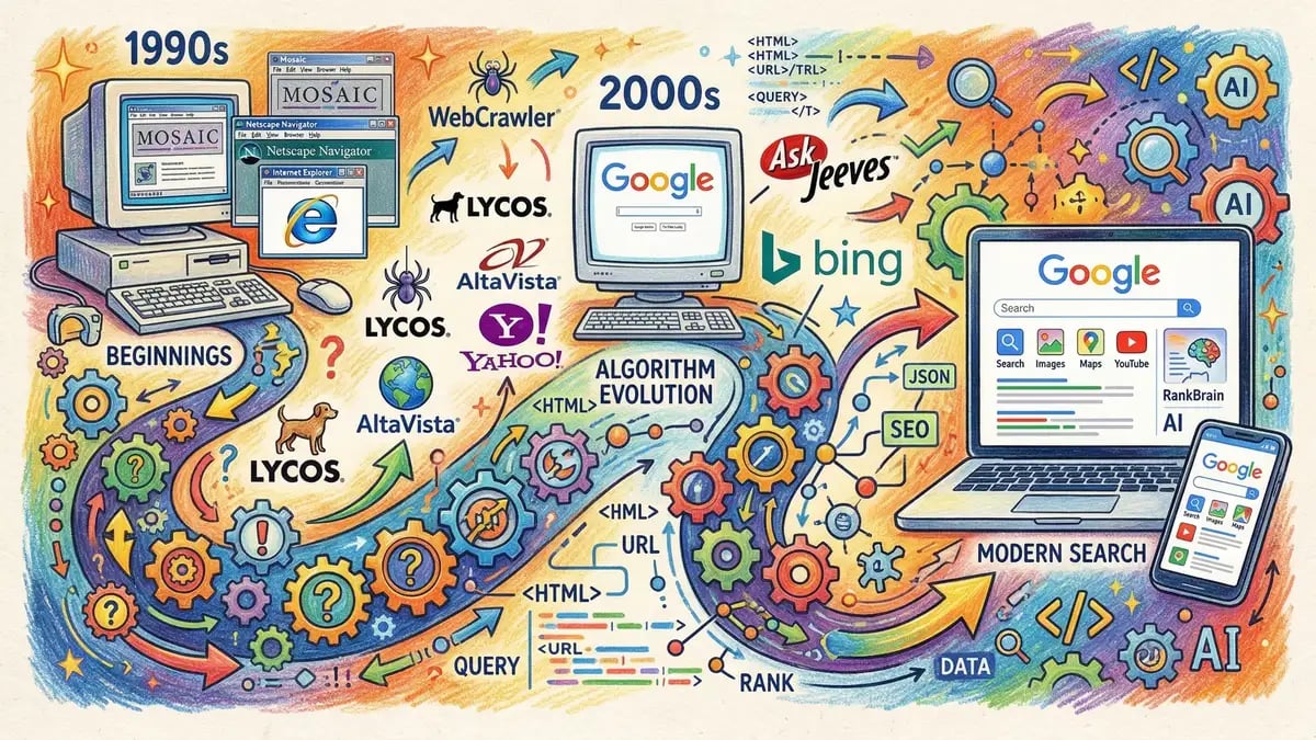 Timeline illustration showing the evolution of search engine algorithms from early web browsers to modern Google, with gears and code symbols